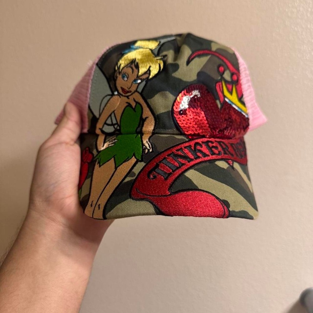 Vintage Y2K Disney Tinkerbell Camo Trucker Hat Pink Mesh Sequin